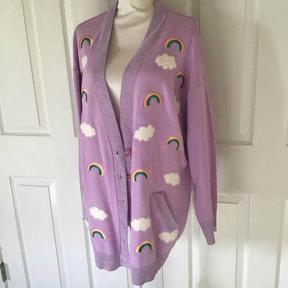 Unique vintage rainbows and clouds purple cardigan sweater XL - Picture 2 of 6